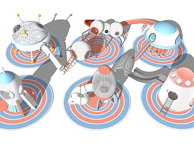 现代奶油儿童游乐区 儿童游乐设备 太空科幻 滑梯 攀爬
