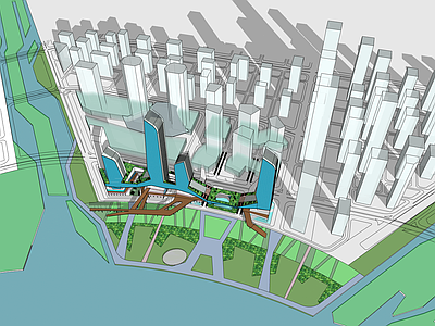 现代鸟瞰规划 滨江商业广场体块