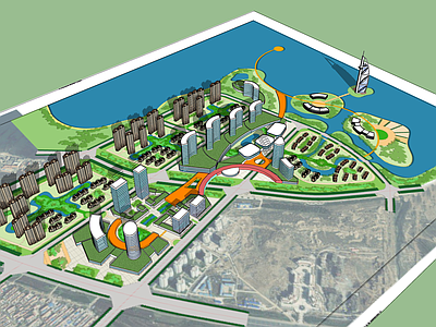 现代鸟瞰规划 滨水商住混合地块