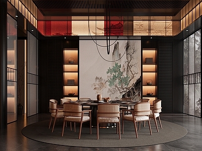 新中式包厢 餐厅包厢 餐桌椅组合 装饰柜 吊灯 餐具