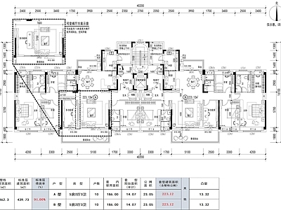 现代住宅楼建筑 210㎡五房户型 施工图