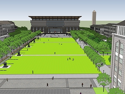 新中式学校建筑 教学楼 图书馆 中轴广场 树阵 入口水景