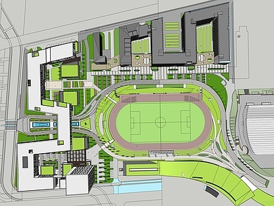 现代学校建筑 入口水景 田径场 教学楼 宿舍 操场