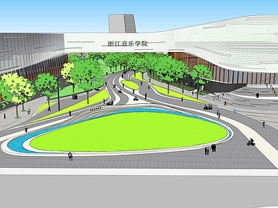 现代学校建筑 流线型景观 水景 覆土建筑 线性铺装 教学楼