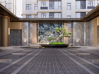 现代新中式多层住宅 现代中式 社区大堂 小区主入口