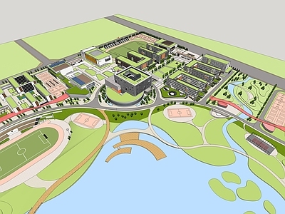 现代学校建筑 教学楼 水景 操场
