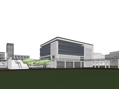 新中式学校建筑 教学楼 操场