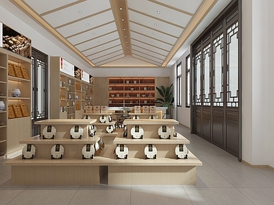 新中式其他店铺 新中式茶叶店 茶叶柜 中岛展示柜 藤编组合