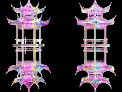 中式新中式古建 古建筑炫彩七彩 炫彩亚克力 七彩亚克力古建 凉亭