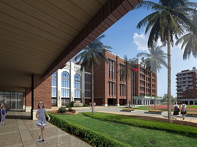 复古美式学校建筑 教学楼 操场