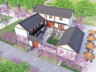 现代新中式乡村民房 乡村民宿建筑 露营式庭院 庭院烧烤 庭院小品 客栈驿站