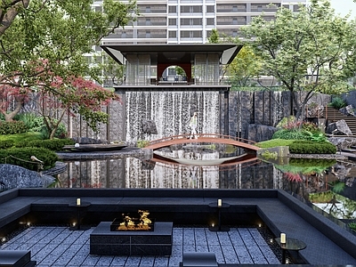 新中式中式庭院小品 下沉庭院 水景 中式意境 桥
