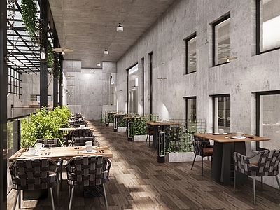 现代工业茶餐厅 西餐厅咖啡厅茶室 餐厅餐桌椅组合 工业风吊灯壁灯 绿植植物花艺 咖啡杯餐具