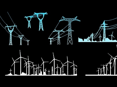现代挂件 2D高压线杆 风 风能发电剪影