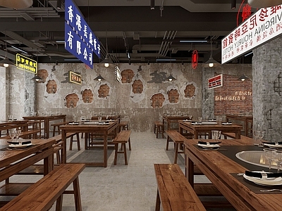 现代工业火锅店 火锅店 餐桌椅组合 发光灯牌 破败装饰墙