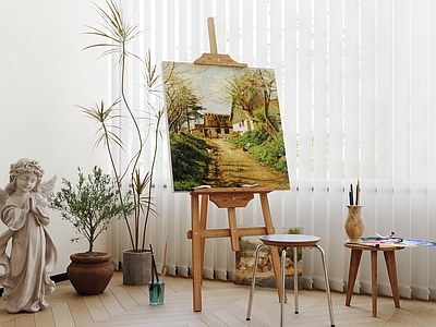中古奶油阳台 休闲阳台 雕塑 绿植 画板