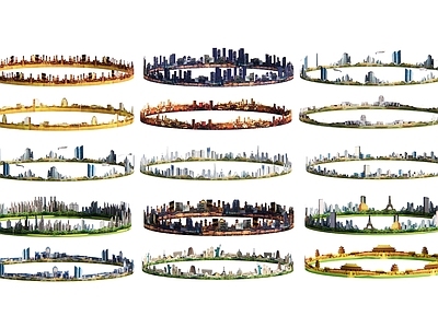 现代新中式广场景观 环形城市背景 远景景区