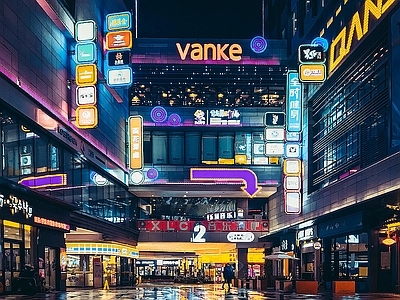 现代街道外景 人行道 商业街外景 赛博朋克风