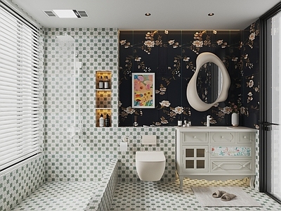 复古现代卫生间 复古卫生间 半墙卫生间 干湿分离卫生间 现代卫生间 洗澡池