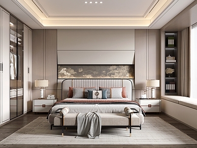 新中式家居卧室 新中式卧室 新中式床 床头柜 新中式背景墙 老人房
