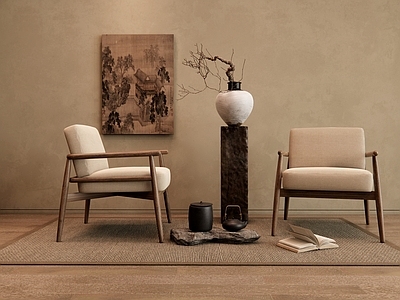 新中式休闲椅 花瓶茶具摆件 装饰画 木休闲椅 布艺休闲椅