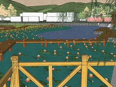 新中式乡村公园 稻田 美丽乡村公园 池塘景观 乡村广场 栈道