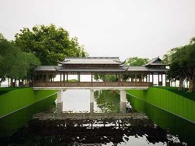 新中式中式景观桥 风雨廊桥 廊桥 桥 中式古桥