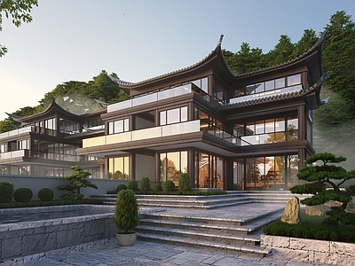 中式古建 中式别墅 雾