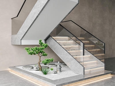 现代简约楼梯 转角 大理石 玻璃 造景 别墅