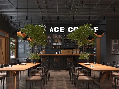 工业咖啡厅 工业风格咖啡店 桌椅组合 咖啡店服务台 收银台