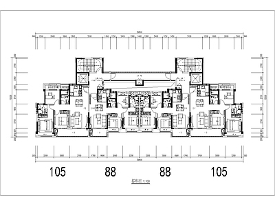 现代住宅楼建筑 一类高层 两梯四户 105 88户型 三面宽 方案平面 施工图