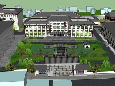新中式现代学校建筑 教学楼学校 学校操场 坡屋顶
