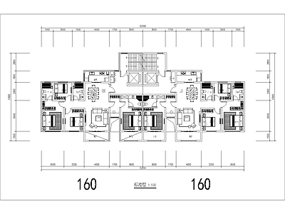 现代住宅楼建筑 160二类高层 T2户型 超大面宽 双 方案平面 施工图