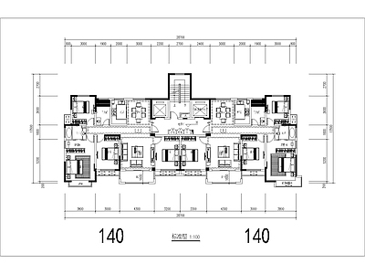 现代住宅楼建筑 140二类高层 T2户型 南北通透 四面宽 方案平面 施工图