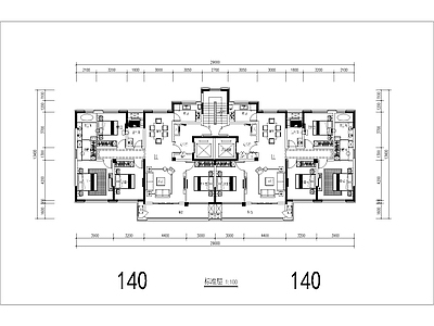 现代住宅楼建筑 140二类高层 T2户型 南北通透 独立电梯厅 方案平面 施工图