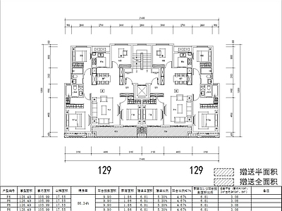 现代住宅楼建筑 130洋房 四叶草户型 三面宽 四房两厅两卫 方案平面 施工图