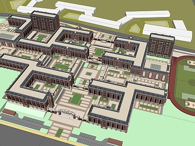 法式学校建筑 教学楼学校 艺术学校 学校操场