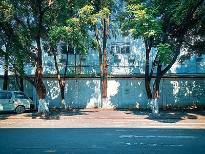 现代街道外景 街景 城市街道 户外街景 人行道 围墙