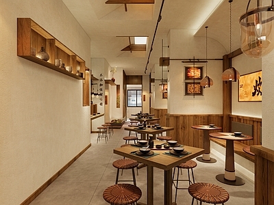 原木现代中餐厅 中明档 中组合 现代风格小吃店 中古风餐饮店 原木风就餐区