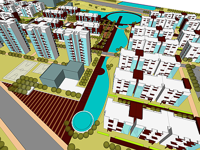 现代小区建筑 现代小区全景规划 高层