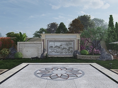 现代轻奢别墅庭院 庭院景墙 创意景墙 禅意 现代景墙 大气