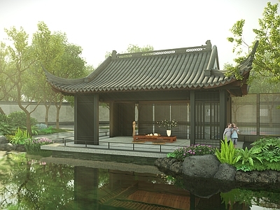 新中式廊架 现代中式水榭廊架 中式水景 水上