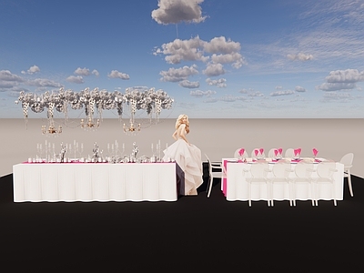 现代宴会厅 婚礼桌花长条桌 水晶灯蜡烛 蝴蝶兰花艺 餐桌餐具