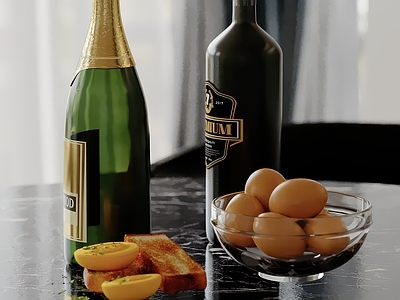 厨房用品组合 酒瓶 果盘 水果 面包