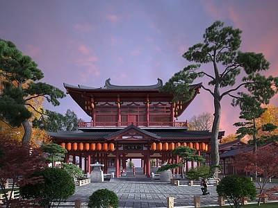 中式古建筑 寺庙 塔楼 牌坊 牌楼 庭院