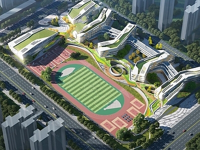 现代学校建筑 中学校园建筑 教育建筑 学校操场 教学楼学校 校园建筑规划