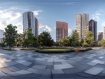 现代小区HDR 街景绿化步道全景