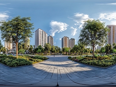 现代小区HDR 街景绿化步道全景