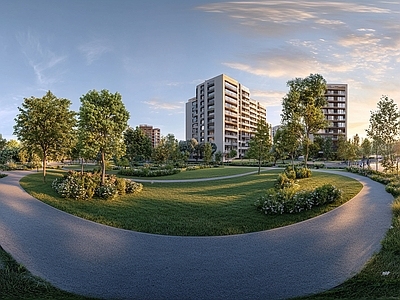 现代小区HDR 街景绿化步道全景