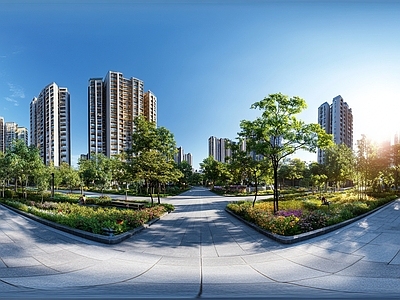 现代小区HDR 街景绿化步道全景